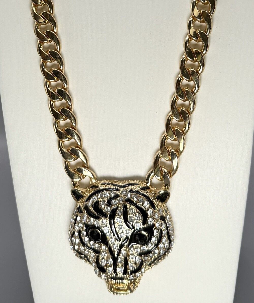 Natasha Leopard Panther Necklace Gold Tone Rhinestone Black Enamel Statement